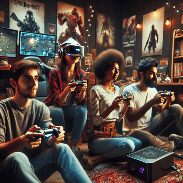 genera una imagen realista de jovenes gamers