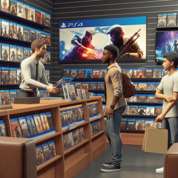 genera una imagen realista de videojuegos en tiendas